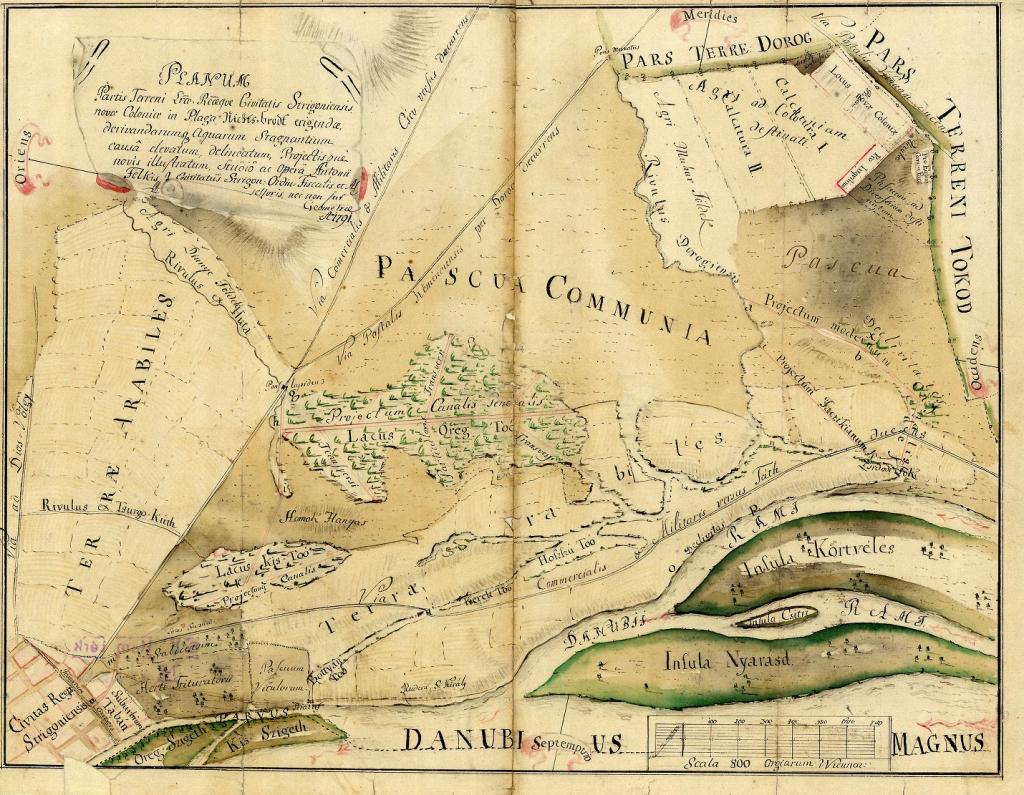 Esztergom és a külterületén lévő Nichtsbrod nevű határrészén tervezett új település közötti terület lecsapolási térképe - 1791
